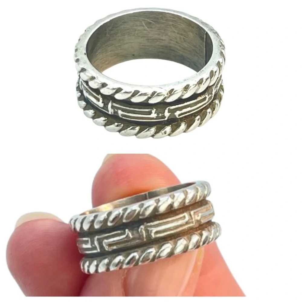 Silver Greek Key Band Ring | Rope Twist Edging | 925 Stamped Sterling